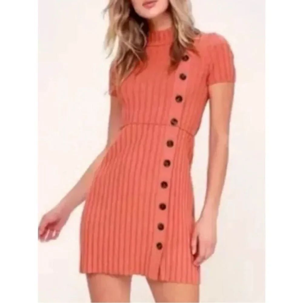 Free People Coral Ribbed Button-Accent Short Dress